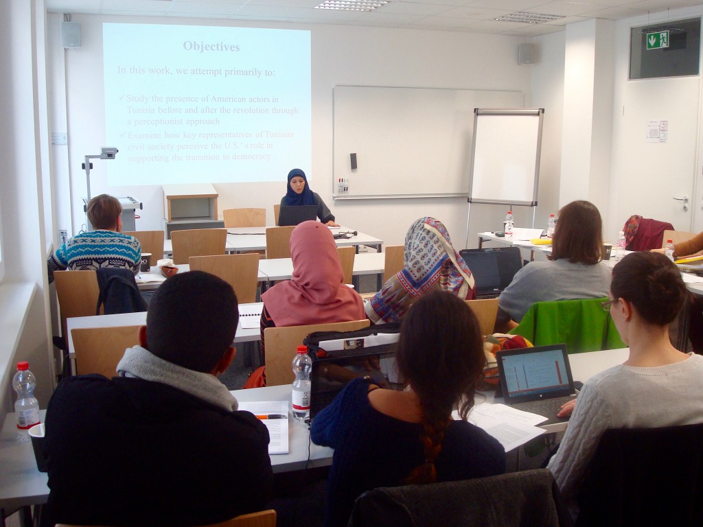 Tasnim Abderrahim presents her paper on NGO perceptions of US democracy promotion efforts